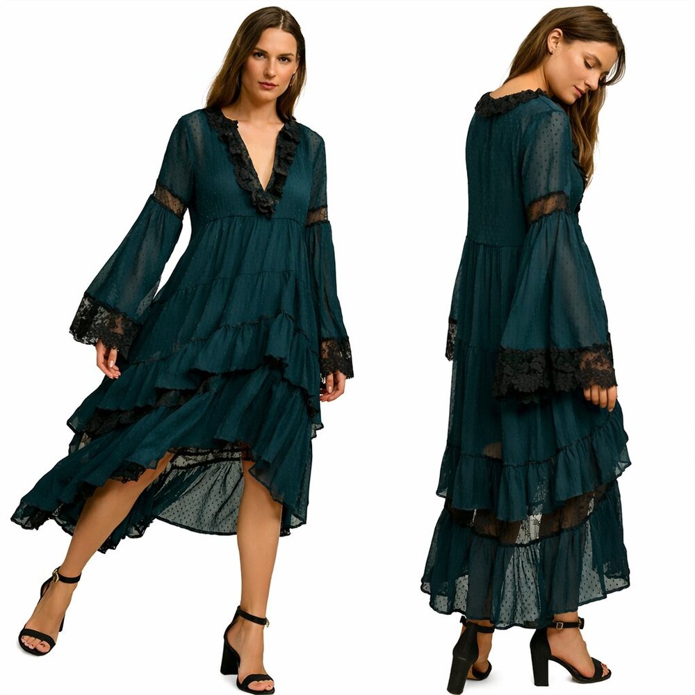 Goth Maeve Teal Black High Low Dress with Ruffle Bell Sleeve Lace Boho Dress